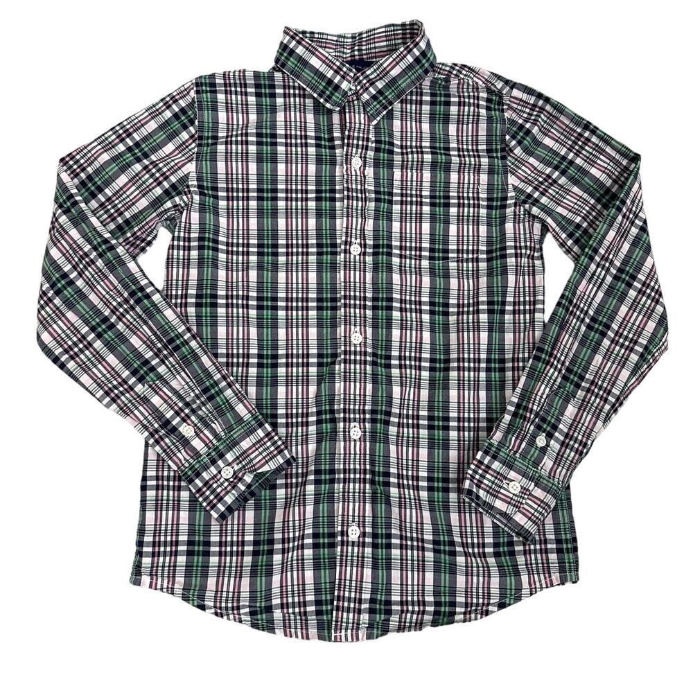 Janie and Jack White Green Plaid Casual Button Down Dress Shirt Size Youth 8